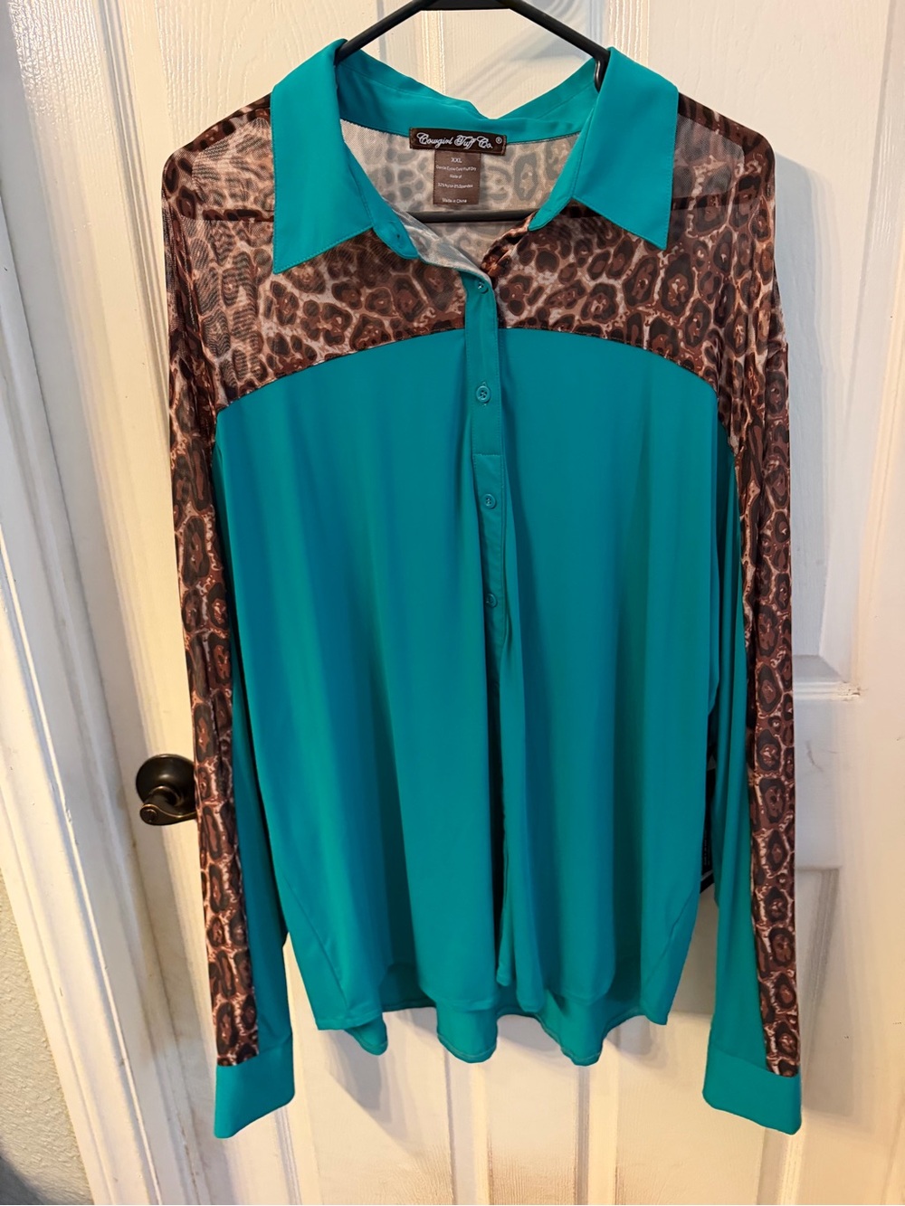 Cowgirl Tuff Teal Button-Down with Brown Leopard Accents